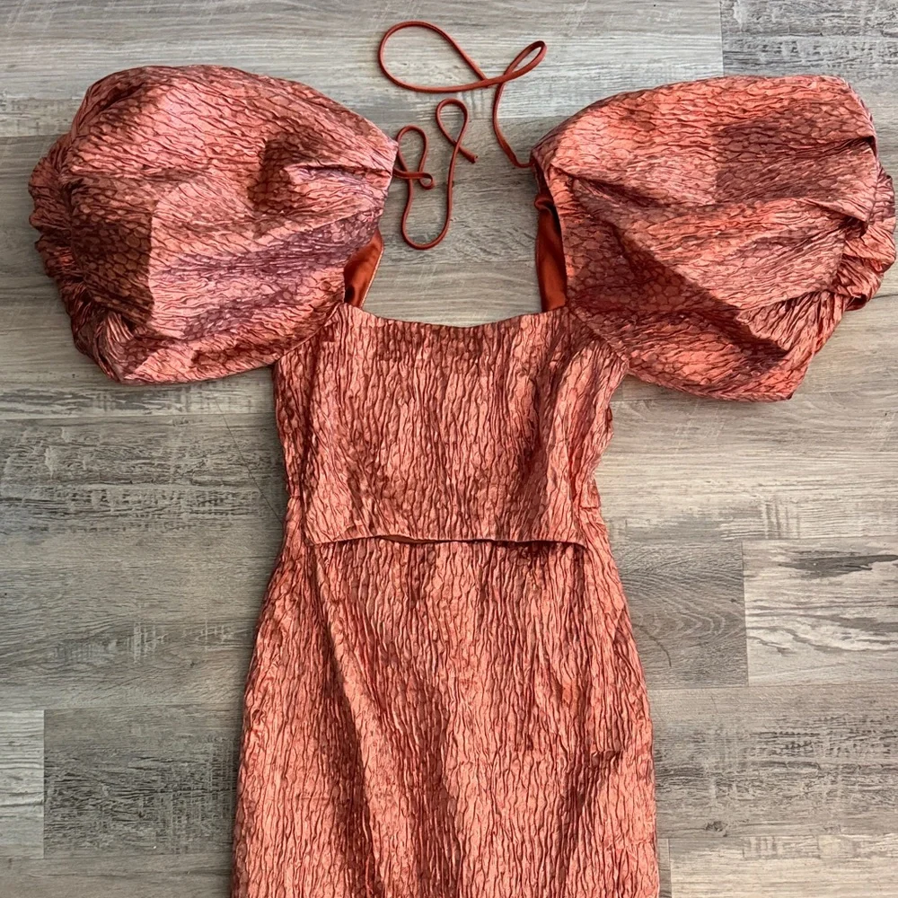 Rachel Comey Rust Orange Textured Midi Dress with Puff Sleeves - Picture 2 of 6